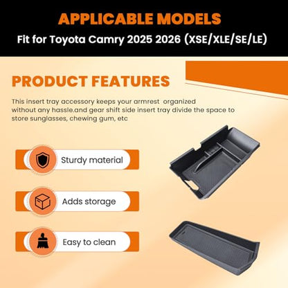 TACORBO Camry Gear Shift Side Insert Tray and Center Console Tray Organizer Compatible with Toyota Camry 2025 2026 (XSE/XLE/SE/LE) Accessories, Armrest Secondary Storage Box