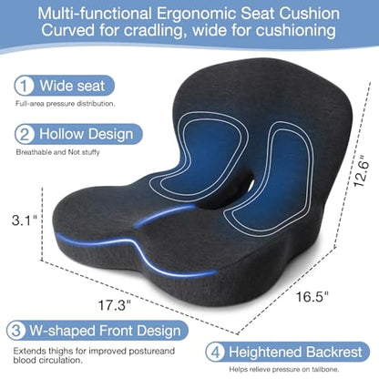 Memory Foam Seat Cushion, Chair Cushion for Office Chair, Car Seat, Relieving Pressure Tailbone Sciatica Back Pain for Long Sitting Office Workers, Car Drivers, Black
