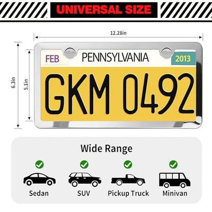 2 Pack Sliver Stainless Steel License Plate Frames with 2 Holes, Polish Mirror License Plate Holder, Rust-Proof, Includes Chrome Screw Accessories, Universal Car License Plate Cover for Man and Women