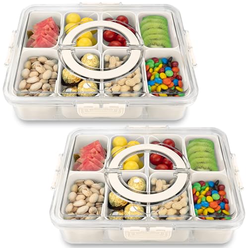 Divided Serving Tray with Lid and Handle,8 Compartments Snacks Box,Snack Fruit Tray,Veggie Tray,Portable Platter for Candy Fruits Nuts Snack Party Entertaining Picnic(2 PCS) - color: 2pcs Serving Tray