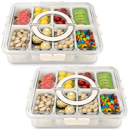 Divided Serving Tray with Lid and Handle,8 Compartments Snacks Box,Snack Fruit Tray,Veggie Tray,Portable Platter for Candy Fruits Nuts Snack Party Entertaining Picnic(2 PCS) - color: 2pcs Serving Tray