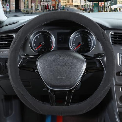 14 inch Black Suede D Shaped Steering Wheel Cover, Breathable Non-Slip Sweat-Proof Wear-Resistant No Pilling, Warm in Winter and Cool in Summer - color: Black, size: D Shape-S[13.5''-14'']