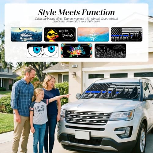 63"x28.5" Car Windshield Sun Shade with Storage Pouch, Stylish Printed Front Window Sunshade with Double Ring Frame, Universal Fit Foldable Heat Blocker & UV Protector for SUV, Sedan (Blue Line Flag) - color: Blue Line Flag