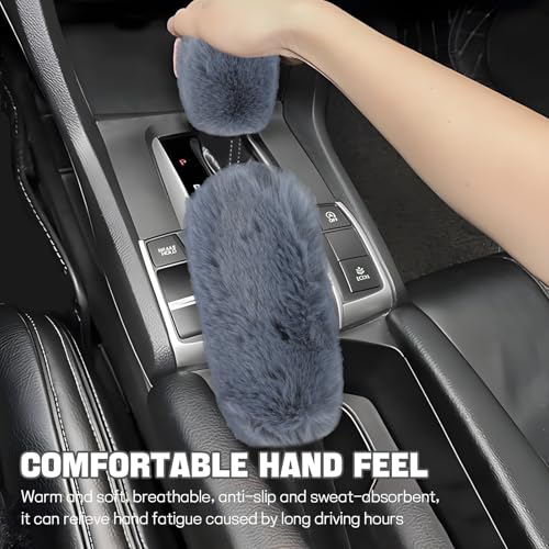 Hovom 2PCS Fluffy Car Gear Shift Knob Cover & Handbrake Cover, Soft Plush Hand Brake Handle & Gear Shift Cover for Women Girls, Universal Comfortable Warm Furry Car Accessories (Gray) - color: Gray