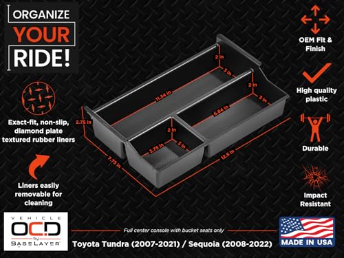 Vehicle OCD - Center Console Organizer Tray for Toyota Tundra (2007-2021) / Toyota Sequoia (2008-2022) - Made in USA - SLX125 - size: 2014-2021, style: Tray