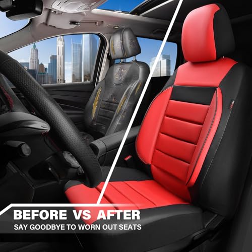 CAR PASS Leather Car Seat Covers Front Seats Only, Universal Fit Automotive Interior Waterproof 3D Foam Back Support Car Seat Covers for Trucks Vans and SUVs Airbag Compatible 2 Pieces （Black Red - color: Red Front