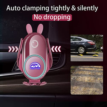 Wireless Car Charger Mount, Auto-Clamping,15W Dashboard Vent, Pink Cute Car Phone Holder Women for iPhone Samsung Andriod Phone - color: Pink