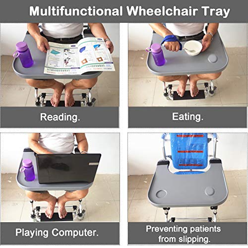 Wheelchair Tray Table with Cup Holder, Removable Lap Tray, Portable Wheelchair Desk Accessories for Eating, Reading, Resting, Fits Width of Armrests of 16" - 20", Gray