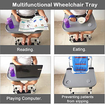 Wheelchair Tray Table with Cup Holder, Removable Lap Tray, Portable Wheelchair Desk Accessories for Eating, Reading, Resting, Fits Width of Armrests of 16" - 20", Gray