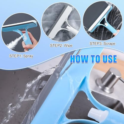 3 in 1 Window Cleaning Scraper, Cleaner Window Squeegee with Sprayer, Squeegee and Scrubber Spray Bottle Window Squeegee for Shower Glass, Mirrors, Car and Home,All-Purpose Window Cleaner Tool (Blue) - color: Blue