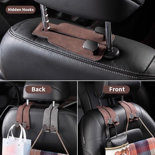 KINIVA Car Seat Headrest Storage Hooks, Set of 2, Suede PU Leather, Double Hooks (Brown) - color: Brown