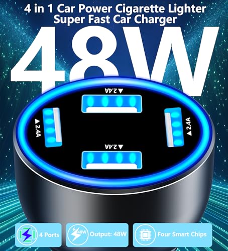 USB Car Carplay Charger, Rombica 4-Port 4.8A USB Car Power Adapter, 4 in 1 48W Fast Charging Cigarette Lighter for iPhone 17 17 Pro Max 16 15 14 13 12 11 Pro, Galaxy S26 S25 S24 S23, Pixel, iPad Pro - color: Deep Black
