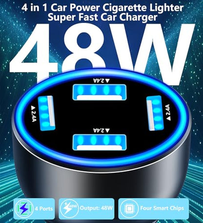 USB Car Carplay Charger, Rombica 4-Port 4.8A USB Car Power Adapter, 4 in 1 48W Fast Charging Cigarette Lighter for iPhone 17 17 Pro Max 16 15 14 13 12 11 Pro, Galaxy S26 S25 S24 S23, Pixel, iPad Pro - color: Deep Black