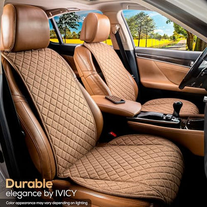 IVICY Faux Linen Front Car Seat Cover – Durable, Non-Slip Seat Protector for Cars – 1 Unit, Light Brown - color: BROWN WS LN