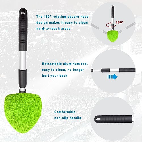 Ziciner Car Windshield Cleaner, Microfiber Auto Cleaning Wiper with Aluminum Extendable Handle and 2 Washable Reusable Cloth Pad Head, Universal Vehicle Interior Exterior Cleaner Kit (Green-Triangle) - size: Green-triangle