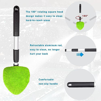 Ziciner Car Windshield Cleaner, Microfiber Auto Cleaning Wiper with Aluminum Extendable Handle and 2 Washable Reusable Cloth Pad Head, Universal Vehicle Interior Exterior Cleaner Kit (Green-Triangle) - size: Green-triangle