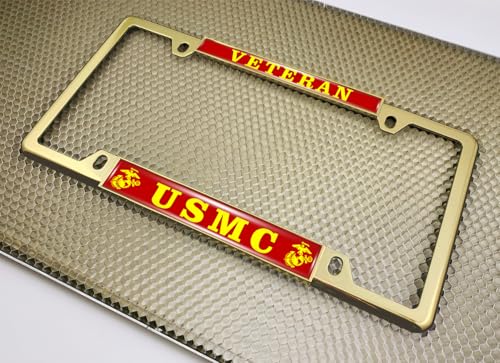 [Officially Licensed US Marine Corps Product] - Veteran USMC with EGA Emblem - Domed Custom-Made Personalized Thin Top 4-Hole Metal Car License Plate Frame with Free caps - Gold Frame (Qty: 1) - color: Gold - Style 2