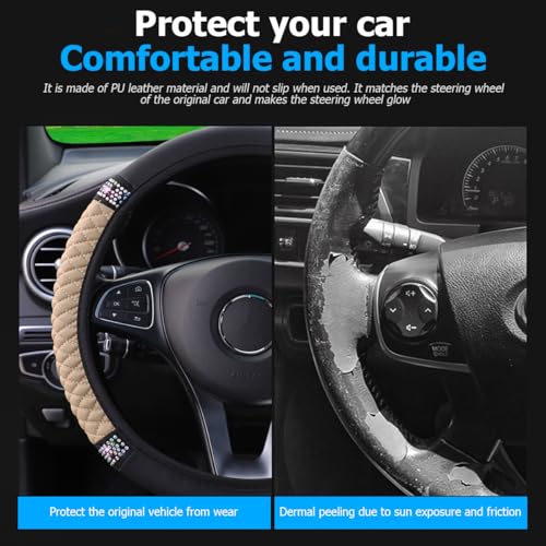 Osilly Bling Car Steering Wheel Cover, 15 Inch Rhinestones Soft Leather Elastic Steering Wheel Protector, Sparkly Crystal Diamond for Women Girls (Beige) - color: Beige