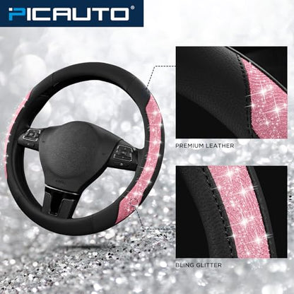 PIC AUTO Steering Wheel Cover, Hot Pink Sparkly Crystal Bling Glitter with Leather, Universal Fit 14.5"-15.5" Car Steering Wheels for Girls & Women, Anti-Slip Wheels Cover for Cars, Trucks, Van, SUVs - color: Hot Pink Glitter