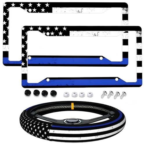 Thin Blue Line License Plate Frame - 2pc Blue Line American Flag License Plate Frames and Blues Lines Steering Wheel Cover Funny Cars Decor Aluminum Metal Frame with Fits Us Ca Vehicles - color: blue line