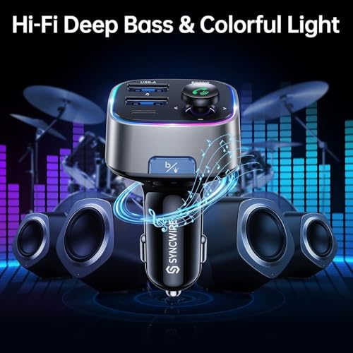 Syncwire Bluetooth 5.4 FM Transmitter Car Adapter 48W (PD 36W & 12W) [Light Switch] [Hi-Fi Deep Bass] [Fast Charge] Wireless Radio Music Adapter LED Display Hands-Free Calling Support USB Drive - color: Silver, style: 48W