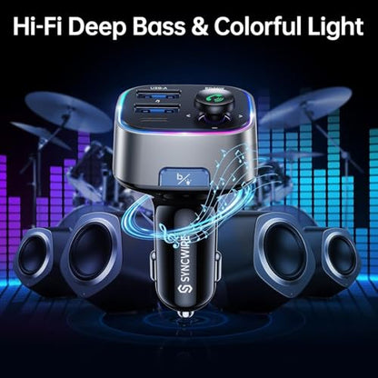 Syncwire Bluetooth 5.4 FM Transmitter Car Adapter 48W (PD 36W & 12W) [Light Switch] [Hi-Fi Deep Bass] [Fast Charge] Wireless Radio Music Adapter LED Display Hands-Free Calling Support USB Drive - color: Silver, style: 48W