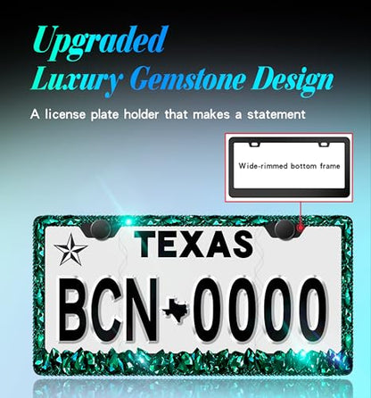 Rhinestone License Plate Frames 2 Pack Sparkly Glitter Bedazzled License Plate Frame Bling License Plate Holder Cover - High End Gift Box Packaging Bling Car Accessories for Women - color: CPJ-03-green-2