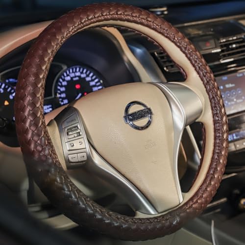 Carwales Elegant Men Steering Wheel Cover Leather for Car Hand-Made Wheel Wrap Hand Woven Universal 14.5-15 Inch Brown - color: Brown