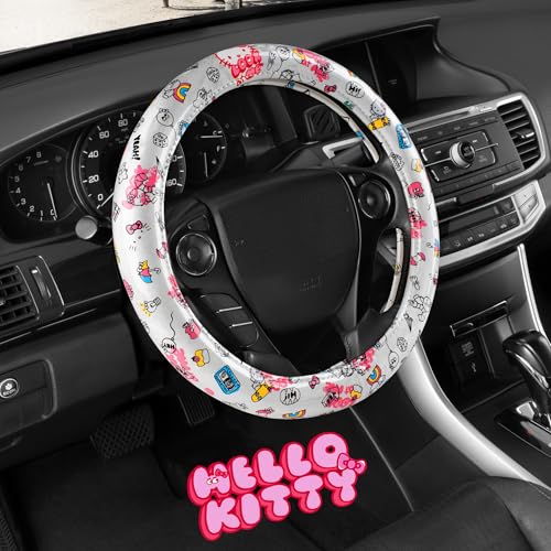 Hello Kitty Steering Wheel Cover, Official Sanrio Car Steering Wheel Cover with Universal Size 14.5-15, Cute White Hello Kitty Car Accessories for Women (Hello Kitty Look at Me) - style: Hello Kitty Look at Me