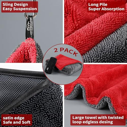 Crystal Clean 1300GSM Microfiber Towels for Cars – XL Drying Towel with Double Twisted Loop, Professional Detailing Towel Car Detailers - Quick Dry, Paint Safe & Swirl-Free (Grey+Red) - color: Grey+red