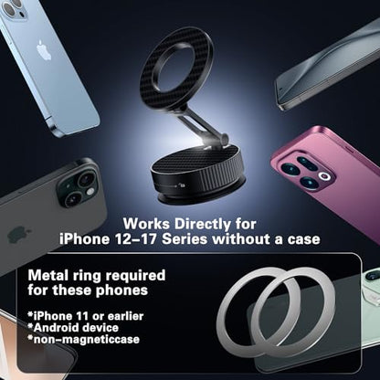 Vacuum Suction Magnetic Car Phone Holder for MagSafe, 360° Adjustable Suction Cup Phone Mount for Car, Cell Phone Holders for Your Car/Gym/Mirror for iPhone & Android (Carbon Fiber)