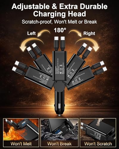 Retractable Car Phone Charger for Samsung S26 S25 Android, 4 in 1 Fast USB C Car Charging Adapter with 2 Flexible USB C Cable, USBC Cigarette Lighter Gift for Men Car Gadgets Electronics Accessories - color: Reatractable Car Charger-Black