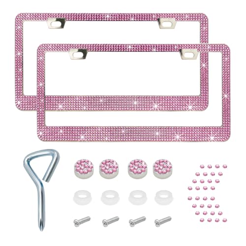 Ziciner Bling License Plate Frame, Sparkly License Plate Tag Cover with Multifaceted Rhinestones, Stainless Steel Crystal License Plate Holder, Universal Exterior Car Accessories (Light Pink, 2PCS) - color: Light Pink, 2PCS