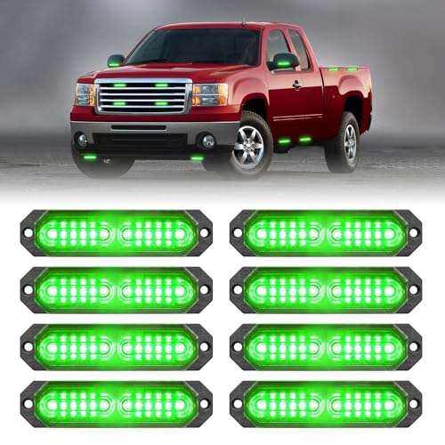 HLauto 1200T Emergency Strobe Grille Lights: 8pcs 12 LED Sync Feature Safety Warning Flashing Lights, Ultra Slim Surface Mount Hazard Caution Lights for Trucks, Vehicles, Car, ATV, UTV (Green) - color: Green