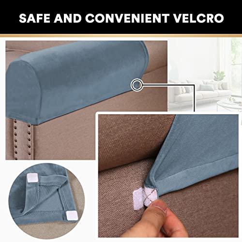 PrinceDeco 4 Pack Thick Velvet Stretch Armrest Covers for Chairs & Sofas - Non Slip, Stone Blue - color: Stone Blue