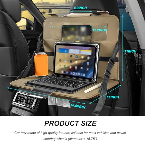 Car Steering Wheel Tray, Foldable Car Laptop Desk Eating Food Tray with Transparent Holder & Tissue Box, Adjustable Back Seat Headrest Table for in-Car Dining Working Studying (Beige) - color: Beige