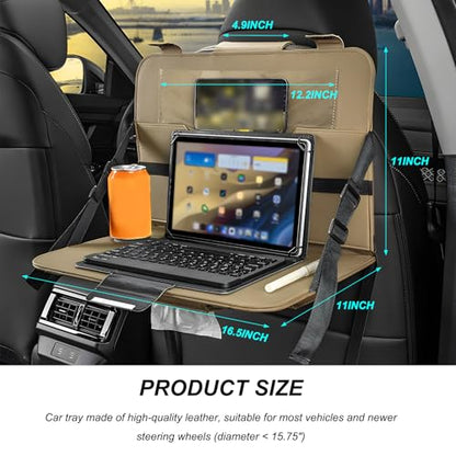 Car Steering Wheel Tray, Foldable Car Laptop Desk Eating Food Tray with Transparent Holder & Tissue Box, Adjustable Back Seat Headrest Table for in-Car Dining Working Studying (Beige) - color: Beige