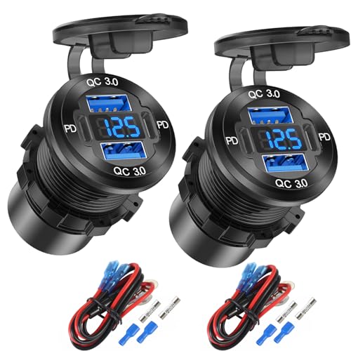 2 Pack 4 Port 12V USB Outlet Aluminum Charger, 78W Dual PD & QC Multiple USB Port for Car, USB C Cigarette Lighter Replacement 12 Volt Socket with Voltmeter Waterproof for Marine Boat Motorcycle RV - color: pack of two