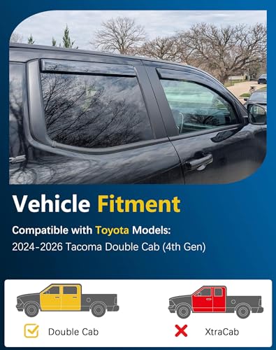Shatterproof in-Channel Rain Guards for Toyota Tacoma 2024-2026 Double Cab, Clip-on Window Deflectors Vent Window Visors Rain Sun Wind Guards Shade Deflectors, 4 pcs - size: For Tacoma Double Cab 2024-2026