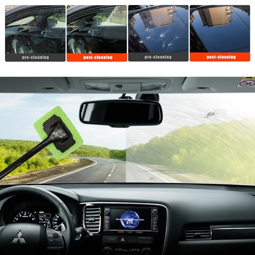povtii Car Windshield Cleaning Tool, Microfiber Auto Window Cleaner Set with 4 Washable and Reusable Cloth Pad, Long Handle Glass Wiper Cleaning Kit with Spray Bottle, Car Accessories