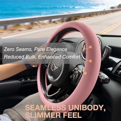 PINCTROT Large Size Nappa Leather Steering Wheel Cover, Slim Fit No Bulk Design, One Piece Leather with Breathable Perforation, Fit Like Gloves, 15.5-15.75 Inch(Nappa Pink) - color: 04.Pink, size: Large Size[15 1/2''-15 3/4'']