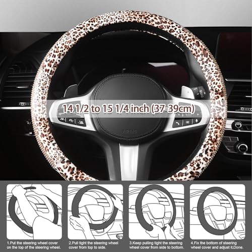 AUTOYOUTH Leopard Print Steering Wheel Cover - Bling Crystal Rhinestones Cheetah Print on PVC Leather Non-Slip Breathable Design for Women/Girls Universal Fit 14.5-15 Inch - color: GOLD