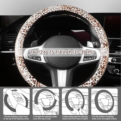 AUTOYOUTH Leopard Print Steering Wheel Cover - Bling Crystal Rhinestones Cheetah Print on PVC Leather Non-Slip Breathable Design for Women/Girls Universal Fit 14.5-15 Inch - color: GOLD