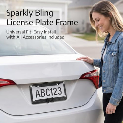 Fashion Premium Handmade Crystal License Plate Frames,Waterproof Bling License Plate Covers,US Universal Rhinestone License Plate Holder for Women(1 Frame,Black Frame Black Bowknot)