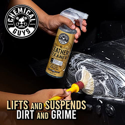 Chemical Guys SPI410 Leather Cleaner and Conditioner Bundle with ACC_S95 Long Bristle Horse Hair Leather Cleaning Brush, Safe for Car, Home, Office, & More (3 Item Bundle with 2-16 fl oz Bottles) - style: 16 Fl Oz KIT + BRUSH