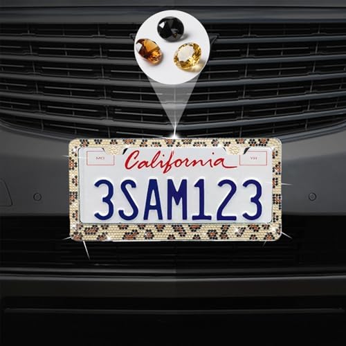 2 Packs Bling License Plate Frames, Bedazzled Sparkly Cute Water Diamond Stainless Steel，Car Accessories with Diamond Sparkle Glitter Caps（Leopard Print） - color: Leopard Print, size: 2
