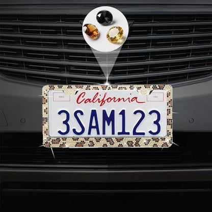 2 Packs Bling License Plate Frames, Bedazzled Sparkly Cute Water Diamond Stainless Steel，Car Accessories with Diamond Sparkle Glitter Caps（Leopard Print） - color: Leopard Print, size: 2
