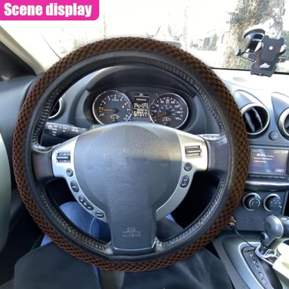 Elastic Stretch Steering Wheel Cover, Anti-Slip 15 inch Microfiber Odorless Breathable Ice Silk Car Steering Wheel Protector, Easy Carry, Warm in Winter & Cool in Summer (Coffee) - color: Coffee
