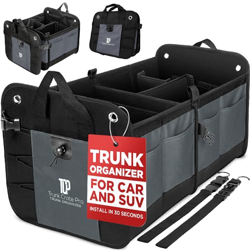 TRUNKCRATEPRO Trunk Organizer For Car, Suv, Truck | Premium Adjustable Multi Compartments Collapsible Car Trunk Organizer With Securing Straps & Non-Slip Bottom (Large Size, Grey) - color: Gray, size: Large