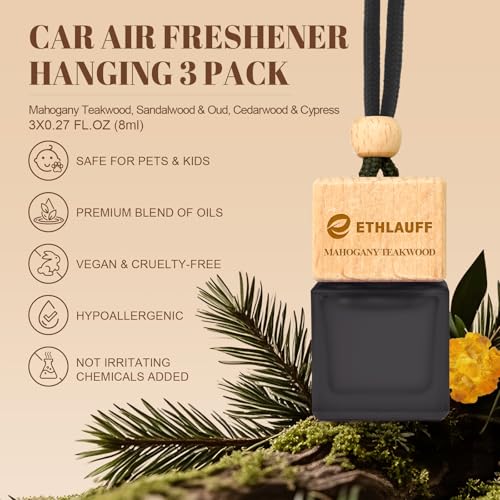 Car Air Freshener Hanging, 3 Pcs Teakwood Mahogany, Sandalwood & Oud, Cedarwood & Cypress, Wooden Scent Air Fresheners Diffuser for Car, 45+ days Long Lasting Fragrance, 0.27 FL OZ/8ML